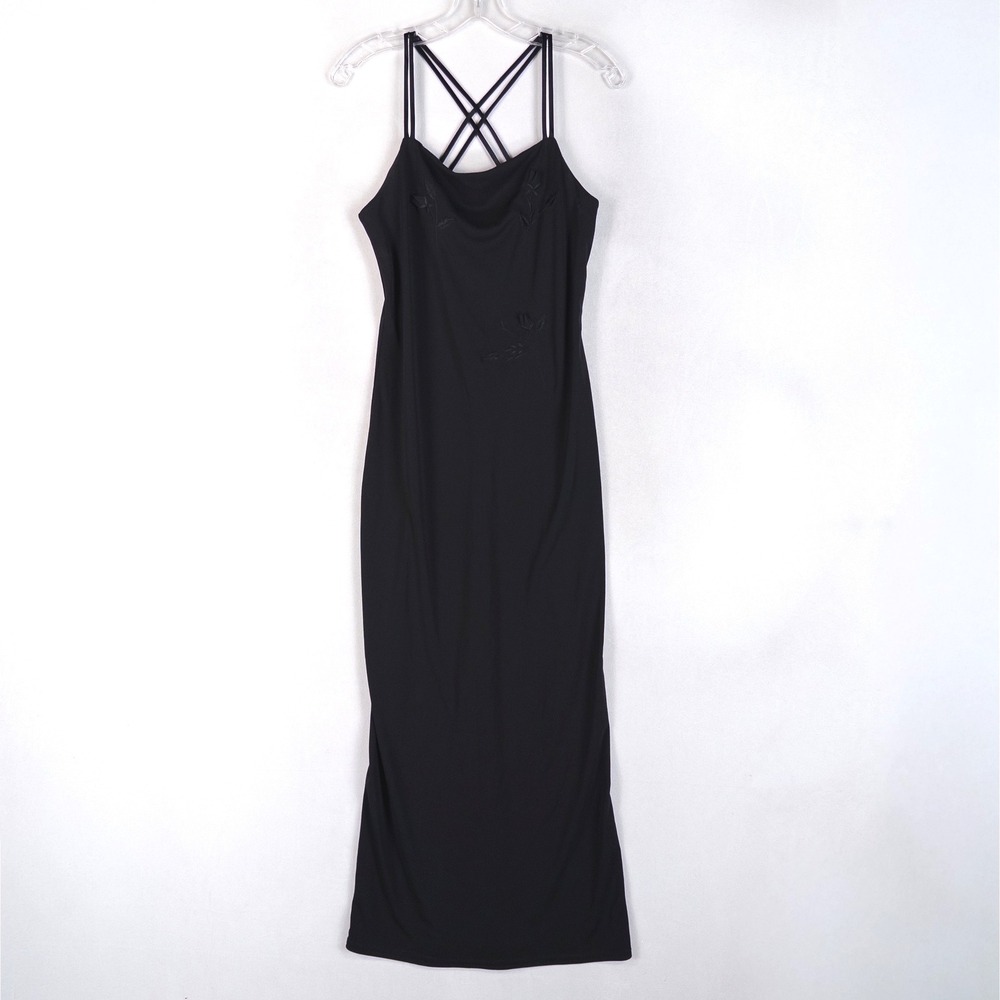 City Triangles Maxi Dress M Black Vtg 90s Y2K Strappy Back Floral Whimsigoth